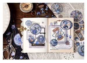 Detailed view of vintage astronomical PET stickers with hourglass and moon phase patterns
