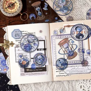 Vintage astronomical PET sticker set with star maps and hourglass for DIY journaling