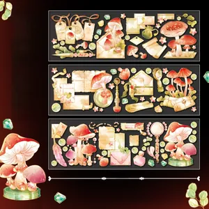 Close-up of PET mushroom stickers with gold and silver cold foil floral stationery details
