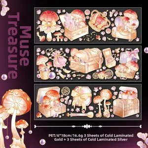 Detail of PET mushroom stickers with gold and silver laser foil stamping effects