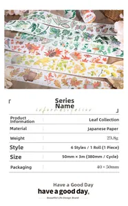 Detail showing leaf collection washi tape specs with botanical patterns and dimensions