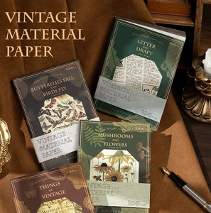 Detail of four vintage scrapbook paper sets featuring floral, mushroom, and letter themes