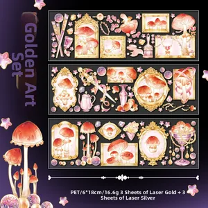 Cold foil laser mushroom PET stickers with gold and silver accents for journaling decoration