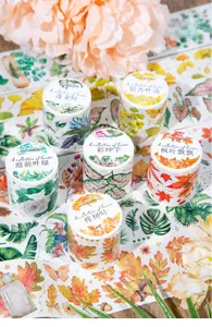 Detail view of 6-roll floral washi tape set featuring maple and ginkgo leaf designs