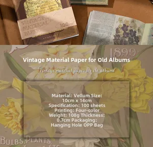 Detail of 10x14cm vintage decorative scrapbook paper showing 100 sheets and packaging size
