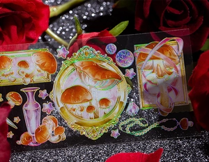 Detail of mushroom PET stickers with holographic foil on a dark floral background