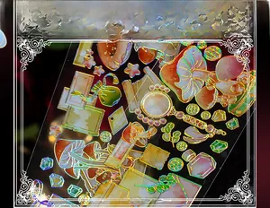 Macro view of holographic PET mushroom stickers with gold and silver foil details