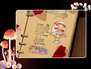 Detail of vintage mushroom PET stickers with cold foil accents on kraft paper