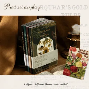 Detailed view of four packs of vintage material paper featuring retro floral illustrations