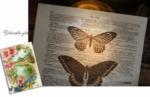 Translucent vintage butterfly stickers and floral cards for artistic scrapbooking