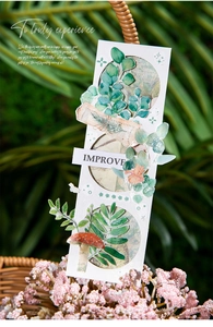 Detailed view of botanical leaf and mushroom stickers in a rustic woven basket setup