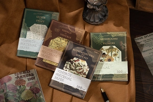 Close-up of vintage scrapbook paper featuring antique letter drafts and floral patterns
