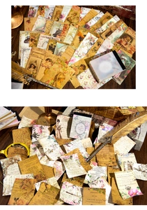 Vista dettagliata del set di carta vintage con stampe floreali e ritratti di donne antiche
