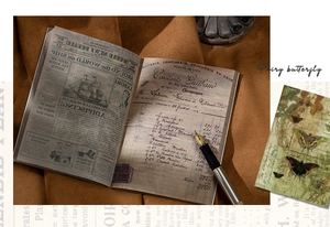Detailed view of vintage scrapbook paper set with butterfly motifs and newspaper texture