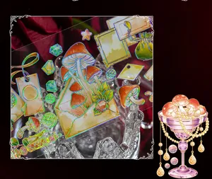 Detail of mushroom stickers with premium cold foil laser effects and holographic shine