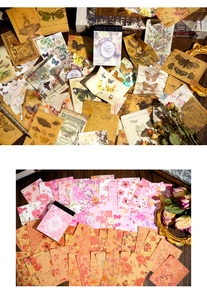 Dettaglio di fogli di carta decorativa vintage con farfalle e fiori su base di legno