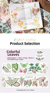 Close-up of watercolor Caladium leaf washi tape for DIY journal decoration