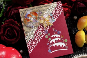 Detail of vintage mushroom stickers and red collage card with golden ribbon accents