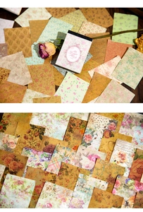 Dettaglio macro di carta decorativa floreale vintage e adesivi per scrapbooking