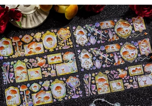 Detail of vintage mushroom stickers with gold foil cold stamping on black glitter background