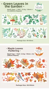 Close-up of botanical washi tape with watercolor leaves, mushrooms and butterfly patterns