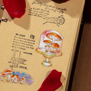 Vintage mushroom PET stickers with holographic foil for scrapbook journal decoration
