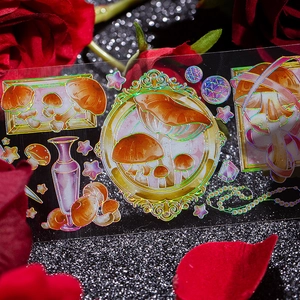 Holographic mushroom PET stickers with gold frames and laser craft for scrapbooking