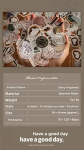 Gedetailleerde specificaties voor vintage washi stickers met maat en aantal