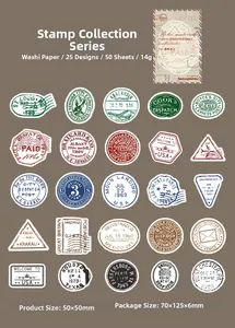 Flat lay van vintage postzegel-stijl washi-stickers in diverse vormen voor journaling