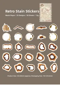 Gedetailleerde weergave van 50 vintage washi-stickers met koffievlekken voor DIY-plakboeken