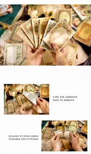 Detail showing tearable vintage frame collage paper with top adhesive for scrapbooking