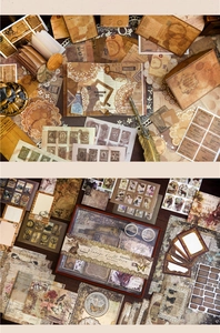 Detailed macro view of vintage scrapbook kit featuring paper ephemera and aesthetic stickers