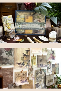 Detail of vintage scrapbooking kit featuring floral stickers, music sheets, and aged paper