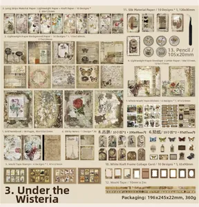 Flat lay of retro vintage floral scrapbooking set with paper stickers and tweezers