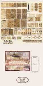 Detailed overview of 222-piece vintage coffee-themed scrapbooking stationery set with tweezers