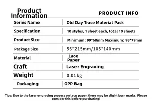 Detailed spec sheet for Old Days Traces lace paper with laser engraving for scrapbooking