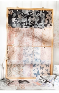 Macro detail of vintage floral scrapbooking paper with botanical patterns and butterflies