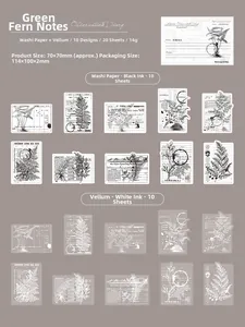 Detailansicht von 20 Vintage-Farn-Aufklebern aus Washi-Papier und Transparentpapier