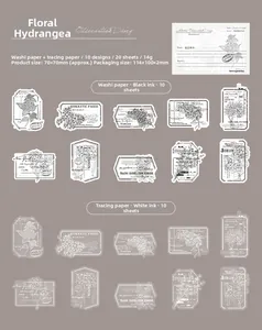 Detailansicht der Hortensien-Aufkleber mit Schwarz-Weiß-Tinte auf Transparentpapier