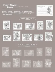 Pfingstrosen-Aufkleber im Detailset mit Schwarz-Weiß-Tinte auf Washi-Papier