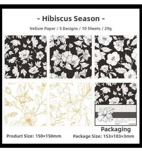 Macro view of hibiscus themed vellum paper with gold foil floral patterns for DIY journaling