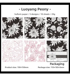 Detailed view of floral vellum paper with peony patterns and size specifications