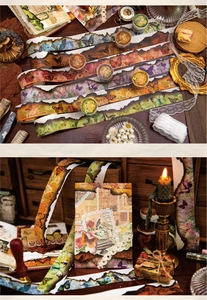 Dettaglio del nastro washi vintage con farfalle ed effetto bordi bruciati per scrapbooking