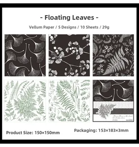 Detail of floral vellum paper sheets showing botanical leaf patterns for scrapbooking