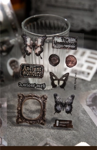Detail of vintage PET stickers featuring butterflies and frames on a glass background