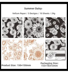 Macro detail of large floral vellum paper sheets with hand-drawn daisy patterns for journaling