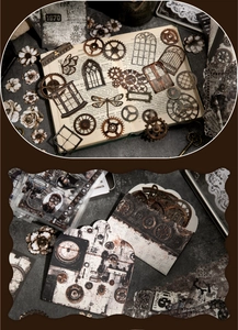 Steampunk scrapbook materials with vintage gears, clocks, and butterflies on aged paper