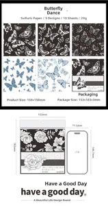 Detail of 150x150mm semi-transparent vellum paper with floral and butterfly patterns