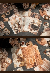 Macro detail of vintage coffee themed paper stickers with retro brown texture for journaling