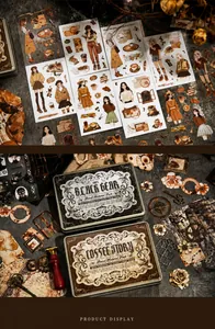 Λεπτομέρεια vintage σετ scrapbooking με αυτοκόλλητα κοριτσιών και κουτιά steampunk